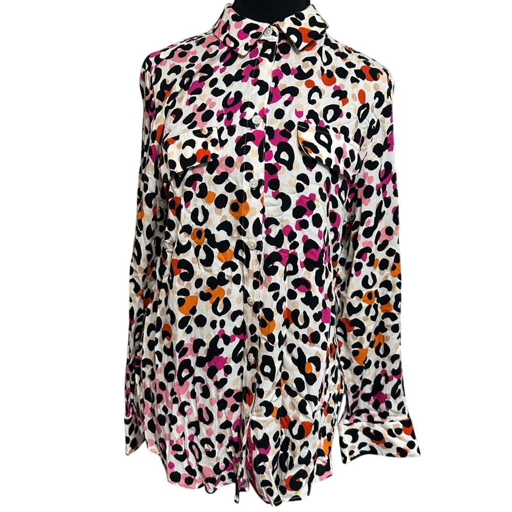 Chico's Button Down Shirt Womens 1 Size 8/10 Pink‎ Orange Leopard Animal Print